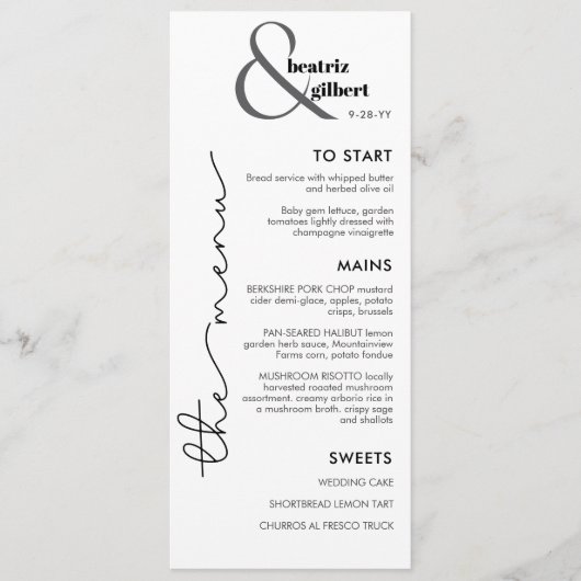 Modern Monogram Black and White Wedding Menu Card (Voorkant)