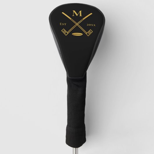 Modern Monogram Black + Gold Foil Golf Head Hoesje Golfheadcover (Voorkant)