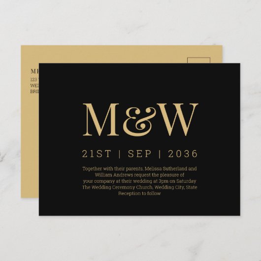 Modern Monogram Black Gold Wedding Uitnodiging (Voorkant / Achterkant)