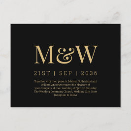 Modern Monogram Black Gold Wedding Uitnodiging