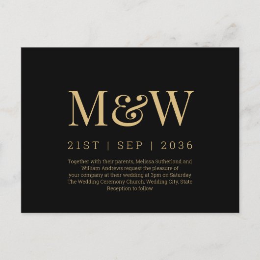 Modern Monogram Black Gold Wedding Uitnodiging (Voorkant)
