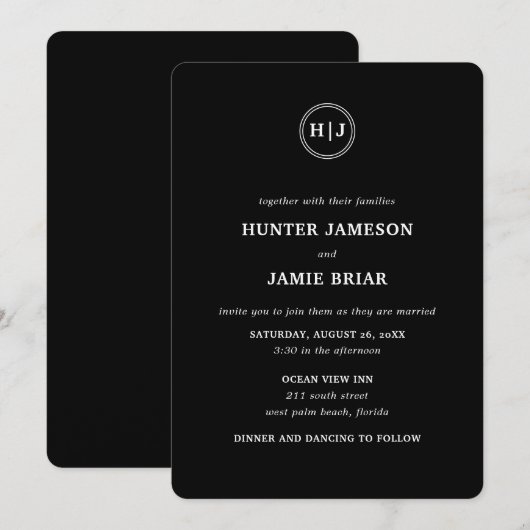Modern Monogram Black Wedding Kaart (Voorkant / Achterkant)