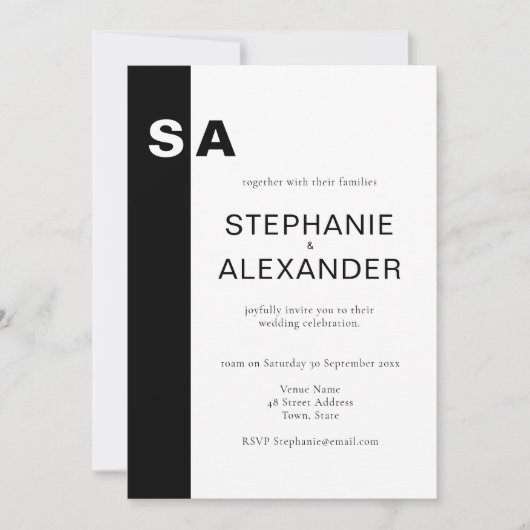 Modern Monogram Black White Wedding Invite Kaart (Voorkant)