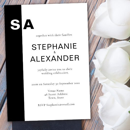 Modern Monogram Black White Wedding Invite Kaart