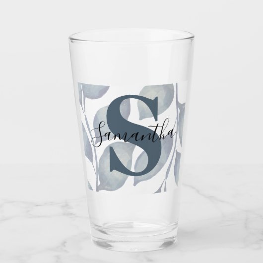 Modern Monogram Blauw blad Glas (Voorkant)