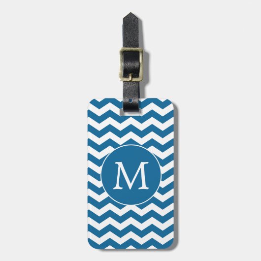 Modern Monogram Blauw Chevron Strepen Patroon Bagagelabel (Voorkant verticaal)