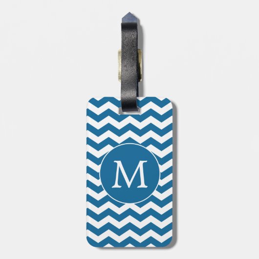 Modern Monogram Blauw Chevron Strepen Patroon Bagagelabel (Achterkant verticaal)