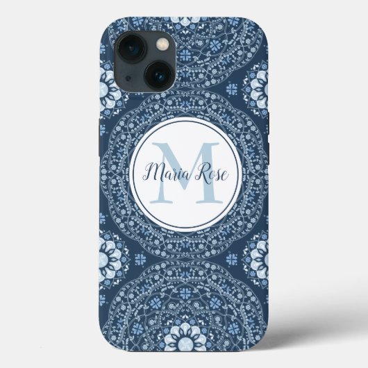 Modern Monogram Blauw Eenvoudig Mandala Aangepast Case-Mate iPhone Case (Achterkant)
