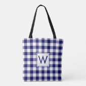 Modern Monogram Blauw en Wit Gingham Patroon Tote Bag (Achterkant)