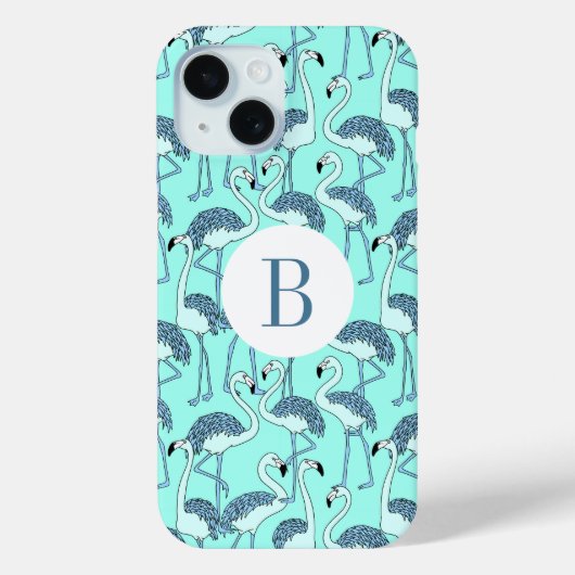 Modern Monogram Blauw Flamingo's Patroon Case-Mate iPhone Case (Achterkant)