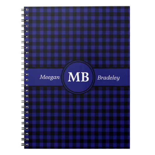 Modern Monogram Blauw geruite Patroon Notitieboek (Voorkant)