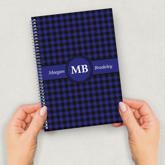Modern Monogram Blauw geruite Patroon Notitieboek