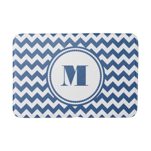 Modern Monogram Blauw Gestreepte Chevron Badmat (Voorkant)