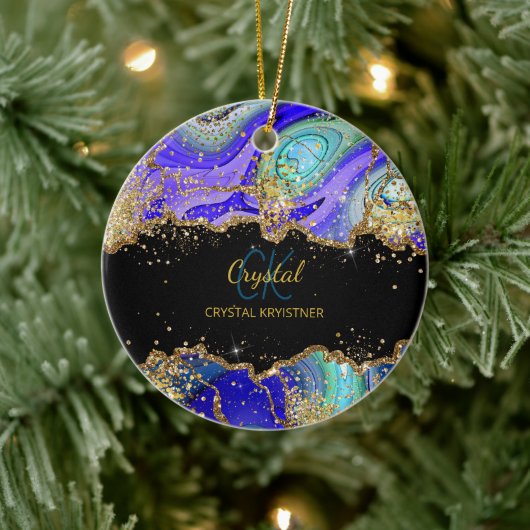 Modern Monogram Blauw Groen Goud Keramisch Ornament (Boom)