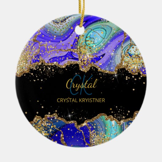 Modern Monogram Blauw Groen Goud Keramisch Ornament (Voorkant)