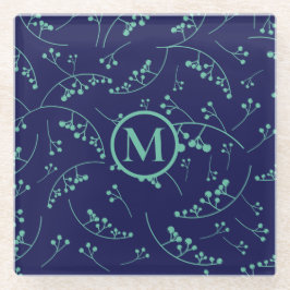 Modern monogram blauwgroen turkooisbessenpatroon glazen onderzetter