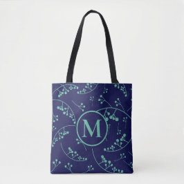 Modern monogram blauwgroen turkooisbessenpatroon tote bag