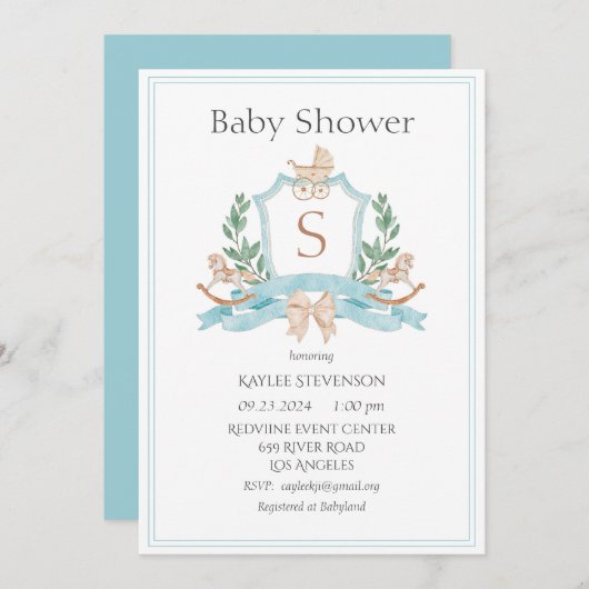 Modern Monogram Blue Crest Greenery Baby Kaart (Voorkant / Achterkant)