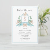 Modern Monogram Blue Crest Greenery Baby Kaart (Staand voorkant)