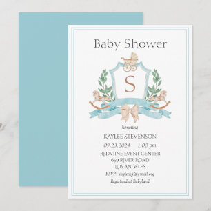 Modern Monogram Blue Crest Greenery Baby Kaart