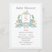 Modern Monogram Blue Crest Greenery Baby Kaart (Voorkant)