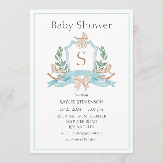 Modern Monogram Blue Crest Greenery Baby Kaart (Voorkant)