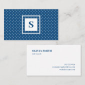 Modern Monogram Blue en White Polka Dot Pattern Visitekaartje (Voorkant / Achterkant)
