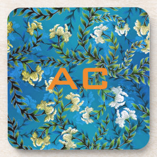 Modern Monogram Blue Floral Chic Bier Onderzetter