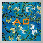 Modern Monogram Blue Floral Chic Poster (Voorkant)