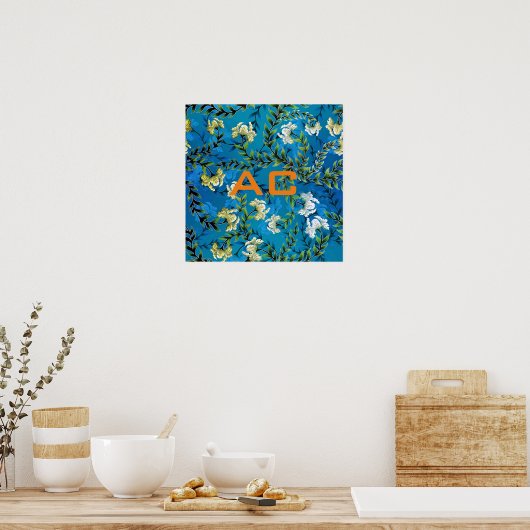 Modern Monogram Blue Floral Chic Poster (Keuken)
