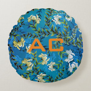Modern Monogram Blue Floral Chic Rond Kussen