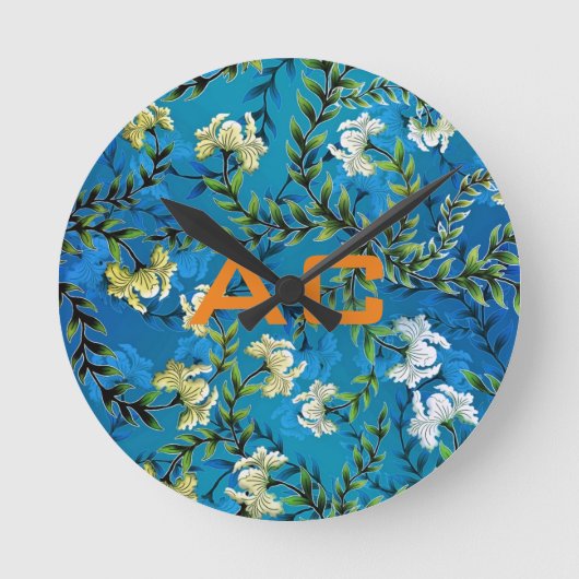 Modern Monogram Blue Floral Chic Ronde Klok (Voorkant)