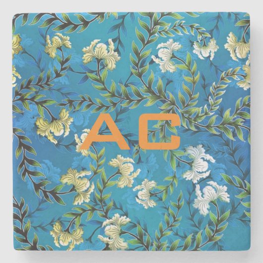 Modern Monogram Blue Floral Chic Stenen Onderzetter (Voorkant)