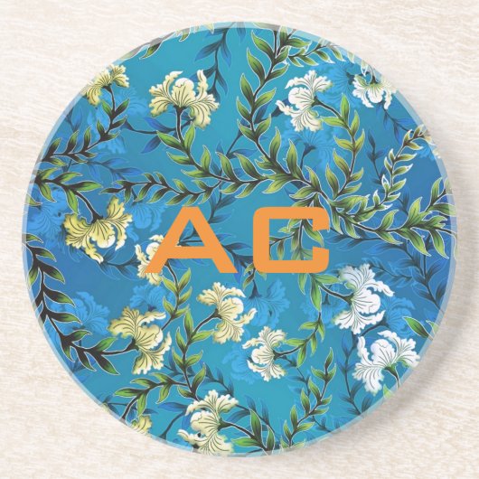 Modern Monogram Blue Floral Chic Zandsteen Onderzetter (Voorkant)