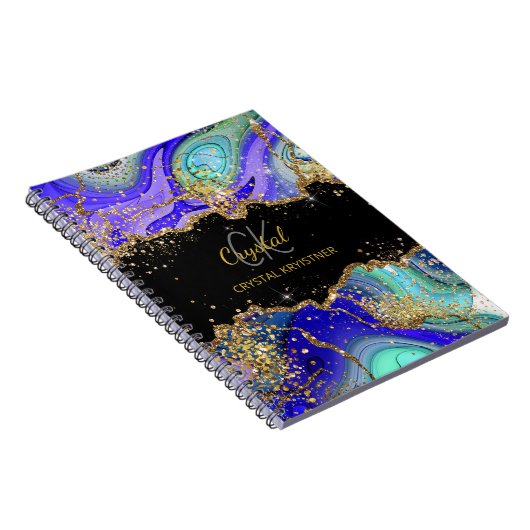 Modern Monogram Blue Green Agate Glitter Notitiebo Notitieboek (Rechterzijde)