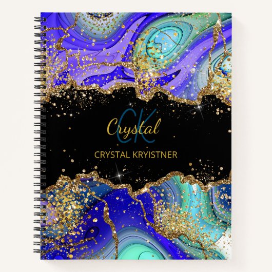 Modern Monogram Blue Green Agate Glitter Notitiebo Notitieboek (Voorkant)