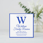 Modern Monogram Blue Stripes Family Reunion Kaart (Staand voorkant)