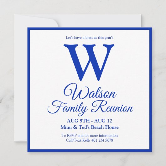 Modern Monogram Blue Stripes Family Reunion Kaart (Voorkant)