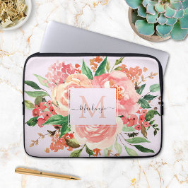 Modern Monogram Blush Roze Bloemen Boeket Laptop Sleeve