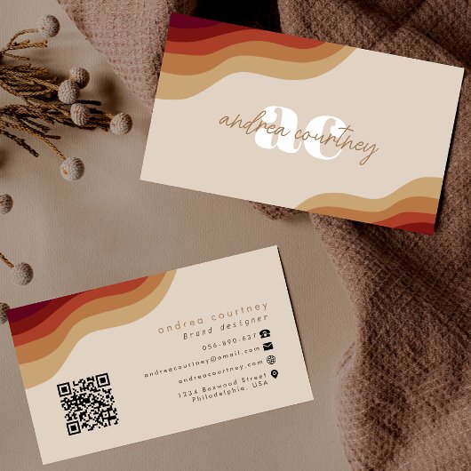 Modern Monogram Boho beige Terracotta Wavy Line QR Visitekaartje