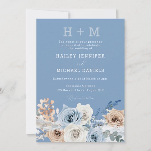 Modern Monogram Boho Dusty Blue Floral Wedding Kaart (Voorkant)