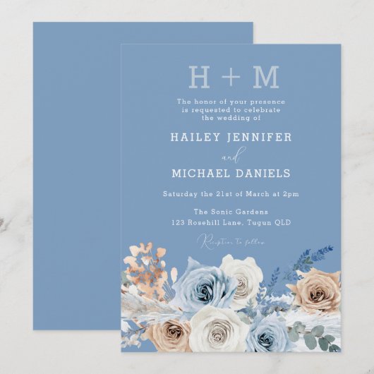 Modern Monogram Boho Dusty Blue Floral Wedding Kaart (Voorkant / Achterkant)