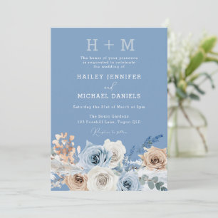 Modern Monogram Boho Dusty Blue Floral Wedding Kaart