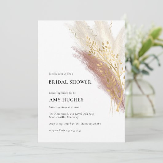 Modern Monogram Boho Roze Gouden Pampas Gras Kaart (Staand voorkant)