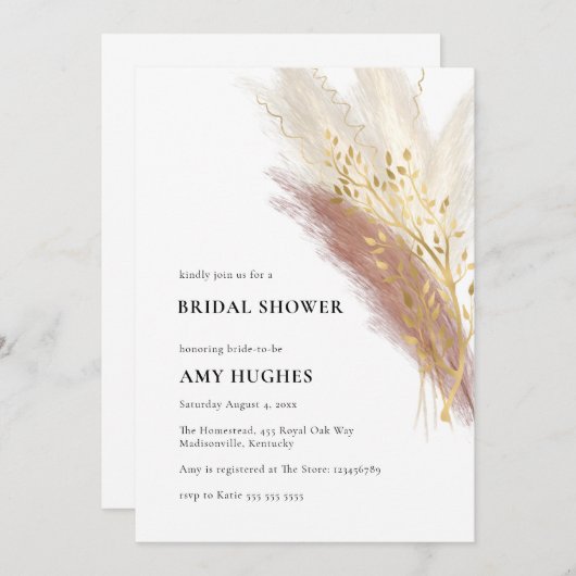 Modern Monogram Boho Roze Gouden Pampas Gras Kaart (Voorkant / Achterkant)