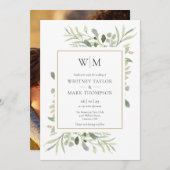 Modern Monogram Botanical Greenery Photo Wedding Kaart (Voorkant / Achterkant)