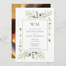 Modern Monogram Botanical Greenery Photo Wedding Kaart