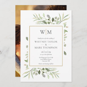 Modern Monogram Botanical Greenery Photo Wedding Kaart