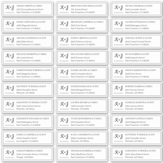 Modern + Monogram Bruiloft Gast Namen Adres Sticker (Voorkant)