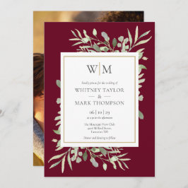 Modern Monogram Burgundy Greenery Foto Wedding Kaart